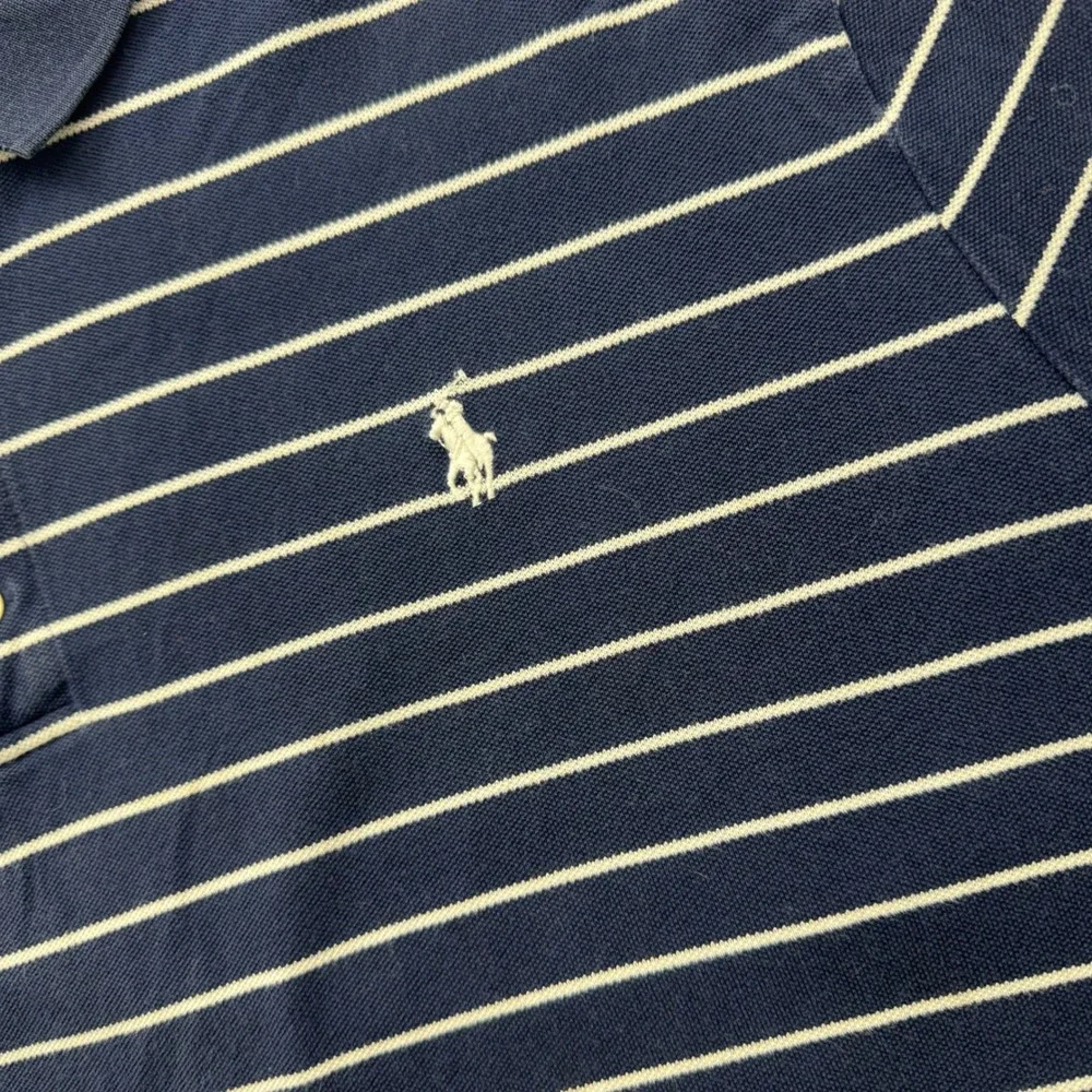 Polo Ralph Lauren Mens XL Navy Blue White Striped Stretch Mesh Polo Shirt Logo